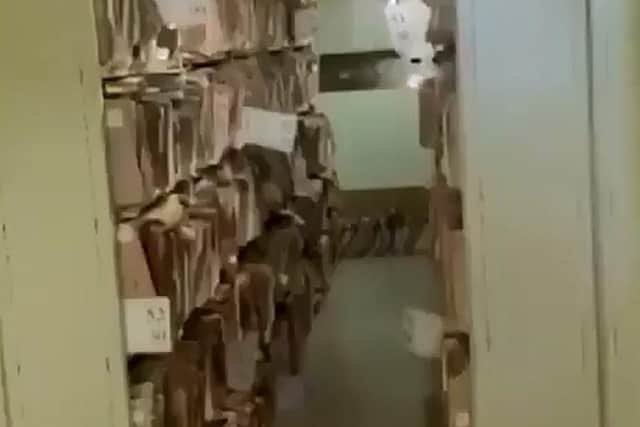 Footage, posted on social media and shared with The Gazette, showed racks of files stacked up. While most of it appeared in order, the clip showed some files lined up on the floor, next to theatre taps and in boxes behind doors, sparking potential health and fire safety fire issues