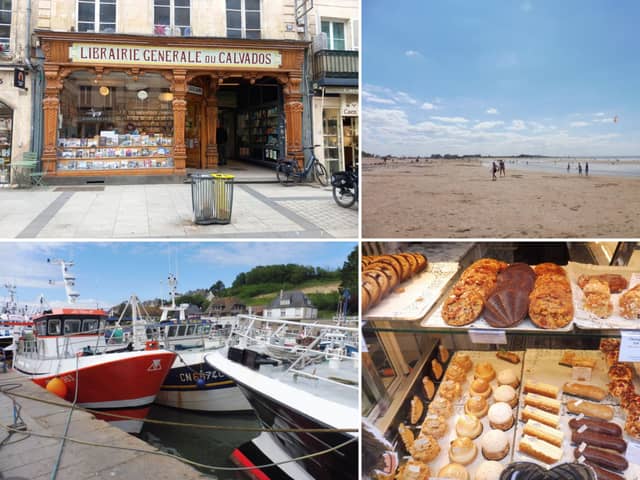 Normandy - clockwise from top left: a bookshop in Caen; a Normandy beach; a cake shop in Bayeux; colourful boats at Port en Bessin Pictures: Phil Smith