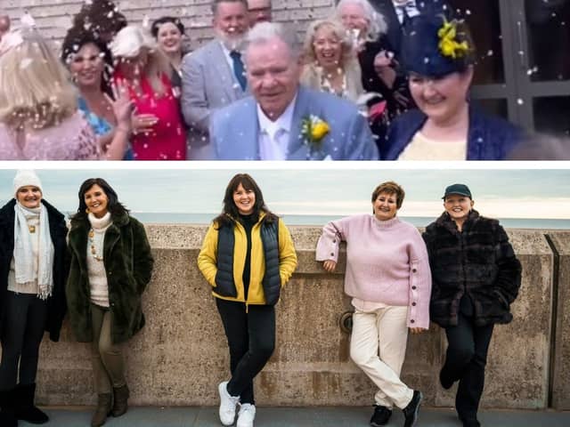 Top: Denise Nolan and Tom at their wedding (credit @coleen_nolan on Instagram). Bottom: The Nolan sisters l to r- Anne, Maureen, Coleen, Denise and Linda.