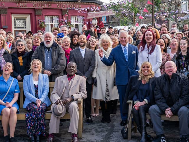 King Charles and Queen Consort Camilla on the set of EastEnders. 