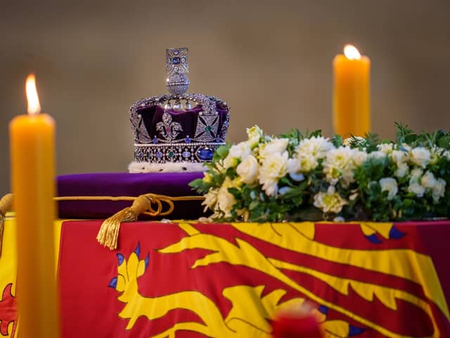 The Imperial State Crown upon the coffin carrying Queen Elizabeth II in Westminster Hall for the Lying-in State 