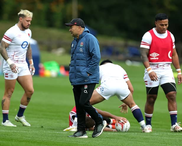 England head coach Eddie Jones looks on during the England captain's run at Pennyhill Park, Bagshot yesterday