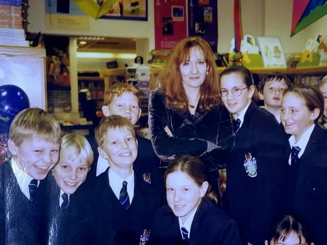 Author JK Rowling with pupils  from Millfield Preparatory School  in 1999