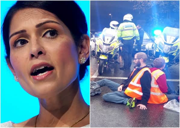 Home Secretary Priti Patel (left) will unveil plans to tackle disruptive protesters including those from Insulate Britain (right) (Pictures: Getty Images and Insulate Britain)