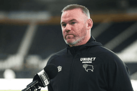 Wayne Rooney, manager of Derby County, is interviewed after the pre-season friendly match against Real Betis at Pride Park on July 28, 2021 in Derby, England. (Photo by Charlotte Tattersall/Getty Images)