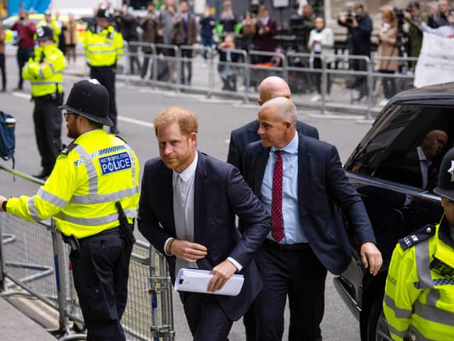 Prince Harry, Duke of Sussex, arrives to give evidence at the Mirror Group Phone hacking trial at the Rolls Building at High Court on June 7, 2023 in London, England. (Credit - Getty 