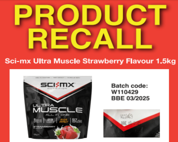 Home Bargains recalls Sci-Mx Nutrition Ultra Muscle Strawberry Flavour because of high levels of caffeine