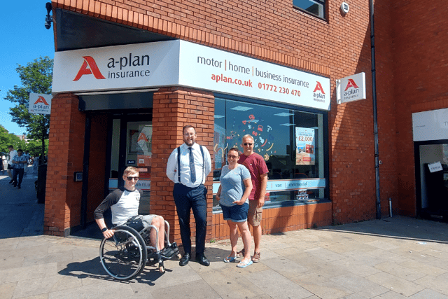 Tom Woods at A-Plan with his parents Joanna and Terry and Branch Manager Jaime Harper