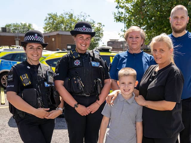 Left to right: (back row) Thurrock Engagement Sergeant, Amelia Moore, Thurrock Children and Young Person's officer, Rachael Johns, Essex Police call taker, Ruth Potts, Essex Police Control Room Supervisor, Adam Taylor. Front row: Ronnie-Lee Gray and his mum Becky