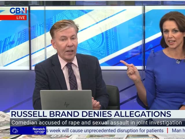 GB News presenters Andrew Pierce and Beverley Turner clashed over Russell Brand Picture: GB News