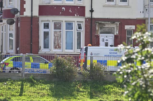 CSI arrive to examine the scene where a woman died in Redcar Road, Blackpool