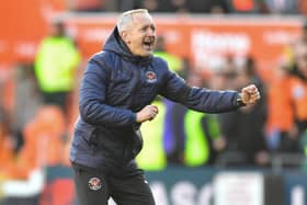 Neil Critchley celebrates his side’s 3-0 win against Stevenage