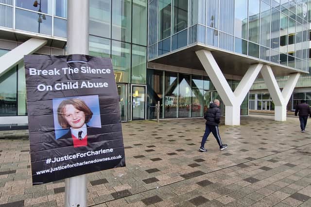 Members of the Justice for Charlene Downes facebook group fixed a 3m x 6m banner, in view of the social services office located within Bickerstaffe House, on Talbot Road.