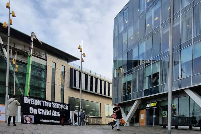 Members of the Justice for Charlene Downes facebook group fixed a 3m x 6m banner, in view of the social services office located within Bickerstaffe House, on Talbot Road.