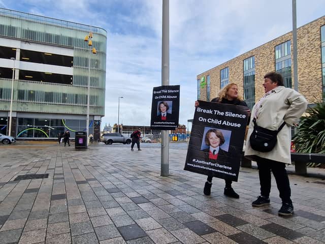 Members of the Justice for Charlene Downes facebook group fixed a 3m x 6m banner, in view of the social services office located within Bickerstaffe House, on Talbot Road.