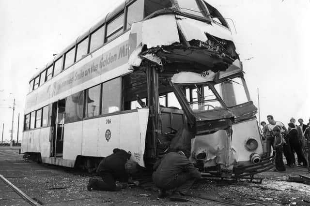 A head-on crash between two trams at the turning loop opposite Blackpool Pleasure Beach injured 6 people on 22 July 1980