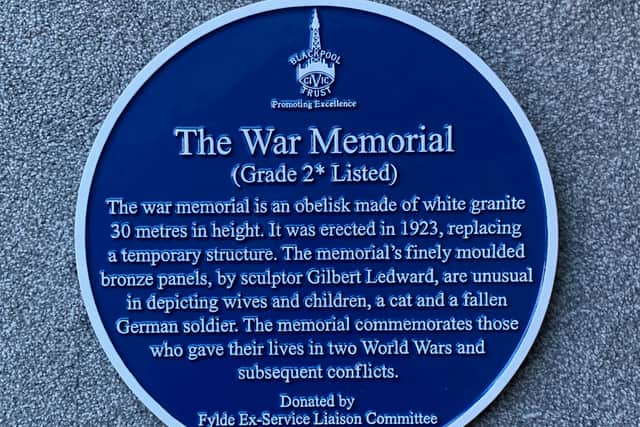 The new Blue Plaque at the War Memorial