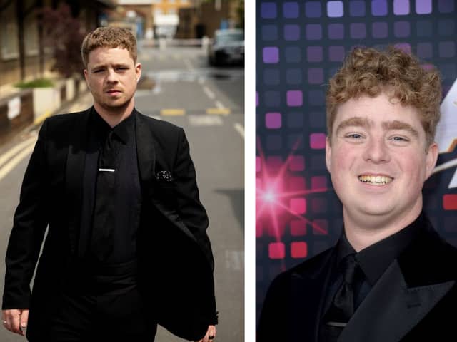 Left: Tom Ball on his tour poster. Right: attendings America's Got Talent: All-Stars Red Carpet in November 2022 (credit Getty)