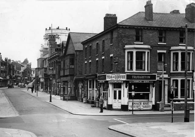 Coronation Street with Albert Road crossing it and the tower of the Olympia Hall at the Winter Gardens in the background on the corner of Adelaide Street 