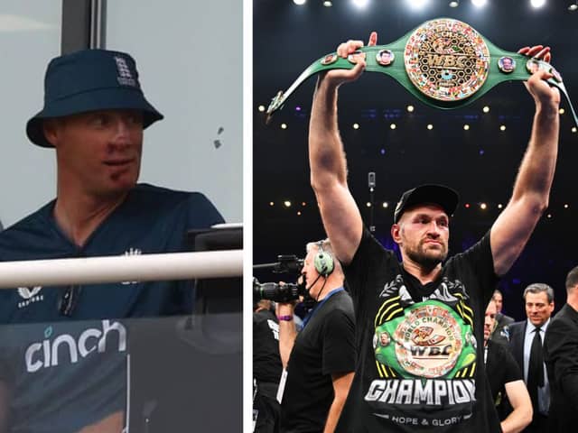 Left: Freddie Flintoff pictured on the 1st Metro Bank One Day International between England and New Zealand. Right: Tyson Fury holds up his WBC World Heavyweight belt after victory against Francis Ngannou. Credit: Getty