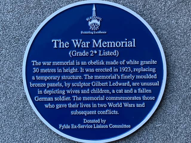 The new blue plaque at the War Memorial