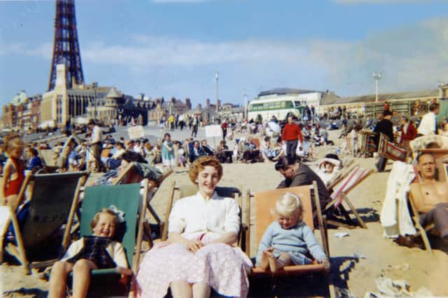 Joyce Down on Blackpool beach in 1961 with Linda and Susan Marsh