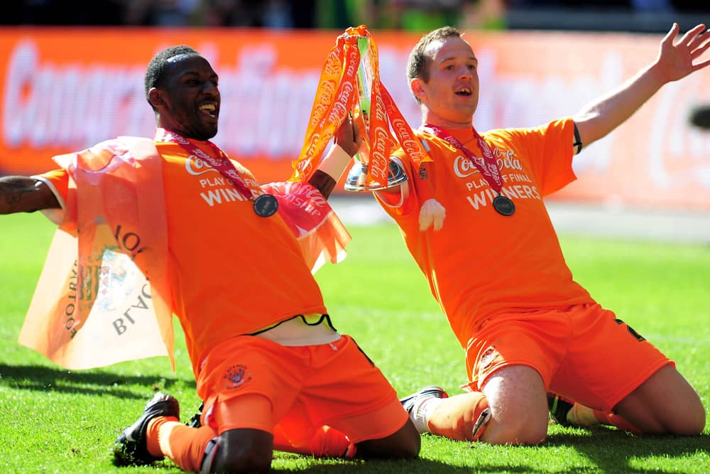 Charlie Adam (R) was part of the Blackpool team that won promotion to the Premier League. He is now a football manager for the first time in his career. (Photo by Mike Hewitt/Getty Images)