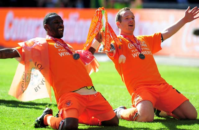 Charlie Adam (R) was part of the Blackpool team that won promotion to the Premier League. He is now a football manager for the first time in his career. (Photo by Mike Hewitt/Getty Images)