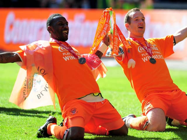 Charlie Adam (R) was part of the Blackpool team that won promotion to the Premier League. He is now a football manager for the first time in his career. (Photo by Mike Hewitt/Getty Images)