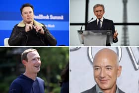 Clockwise from top left, Tesla and Space X's Elon Musk, LVMH's Bernard Arnault, Amazon's Jeff Bezos and Met/Facebook's Mark Zuckerberg