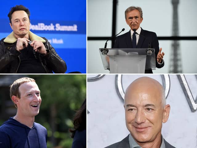 Clockwise from top left, Tesla and Space X's Elon Musk, LVMH's Bernard Arnault, Amazon's Jeff Bezos and Met/Facebook's Mark Zuckerberg