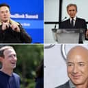 Clockwise from top left, Tesla and Space X's Elon Musk, LVMH's Bernard Arnault, Amazon's Jeff Bezos and Met/Facebook's Mark Zuckerberg