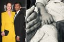 Left: Nicola Thorp and Nikesh Patel in March 2023 (credit: Getty Images). Right: the couple holding their newborn's hand (credit: missnicolathorp on Instagram).