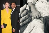 Left: Nicola Thorp and Nikesh Patel in March 2023 (credit: Getty Images). Right: the couple holding their newborn's hand (credit: missnicolathorp on Instagram).