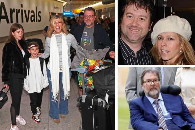 Left: Kate Garraway, Derek Draper and their two children Darcey, 13, and Bill, 10 in 2019. Top left: an older picture of the couple. Bottom right: Derek in 2023.