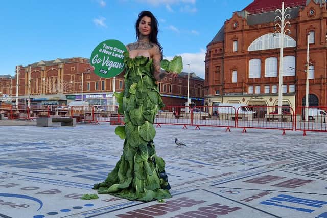 Lettuce Lady dresses in leafy green dress for PETA campaign
