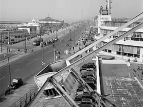 A great scene of Blackpool seafront, taken from the Pleasure Beach 1946-c1955. The Casino next to the Pleasure Beach can be seen. Built in 1937-40 by Joseph Emberton, it was circular in plan with a thin tower. (Photo by English Heritage/Heritage Images/Getty Images)