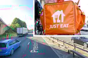 Just Eat driver spotted riding an electric bicycle on the M6 in Lancashire.