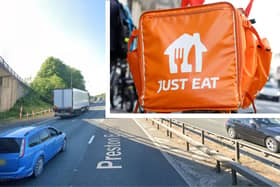 Just Eat driver spotted riding an electric bicycle on the M6 in Lancashire.