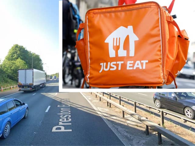 Just Eat driver spotted riding an electric bicycle on the M6 in Lancashire.