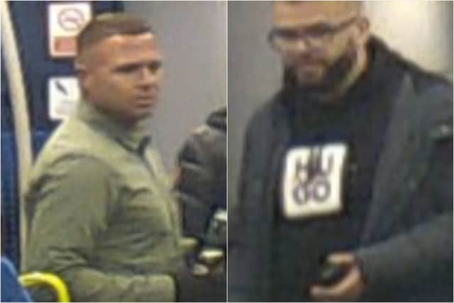 Do you recognise these men? Officers want to speak to them in connection with a hate crime onboard a train travelling to Blackpool North (Credit: British Transport Police)