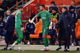Daniel Grimshaw was subbed off against Nottingham Forest. The Blackpool goalkeeper is a doubt against Bristol Rovers. (Image: Getty Images)
