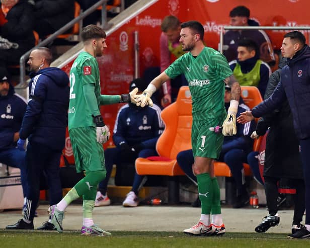Daniel Grimshaw was subbed off against Nottingham Forest. The Blackpool goalkeeper is a doubt against Bristol Rovers. (Image: Getty Images)