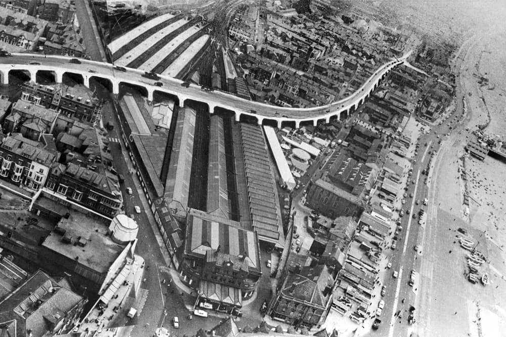 1960s artist's impression of a proposed fly over road superimposed on a view of the Central Station area of Blackpool seen from the top of the Tower. Part of the Central Station area development scheme