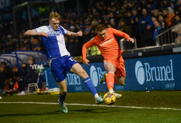 Shayne Lavery in action for Blackpool against Bristol Rovers today