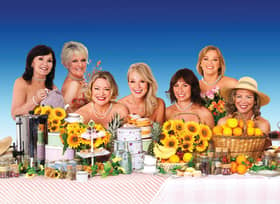 The cast of the Calendar Girls (L to R): Maureen Nolan, Lyn Paul, Laurie Brett, Helen Pearson, Samantha Seager, Liz Carney and Honeysuckle Weeks.