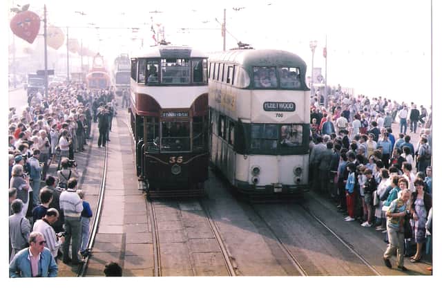 Crowds greeting Blackpool trams in 1985