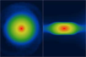 Simulated young planet as viewed from the top (left) and from the side (right) (Credit: Adam Fenton/Dimitris Stamatellos/University of Central Lancashire/PA Wire)