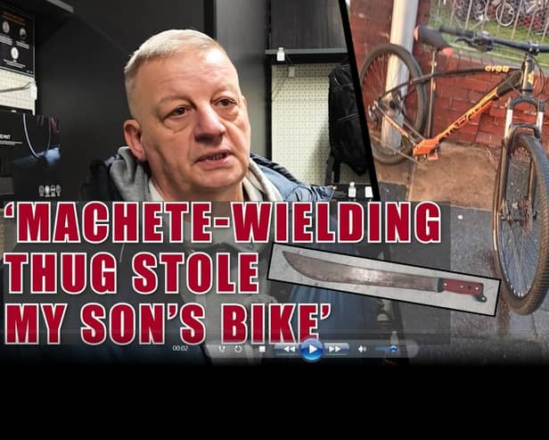 Martin Wilkinson's son had his brand new bike stolen at knife-point. Inset: Generic image of a machete.