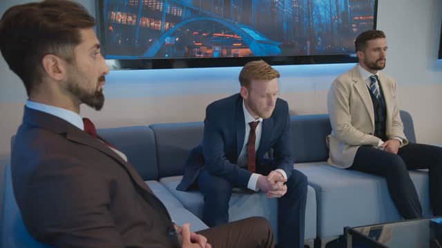 The bottom three boys outside the boardroom on the second episode. 